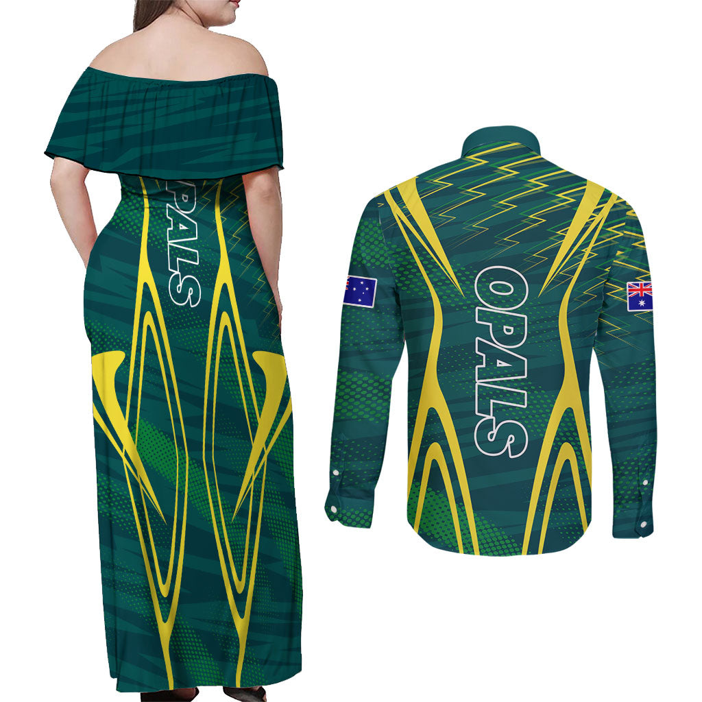 Australian Opals Basketball Couples Matching Off Shoulder Maxi Dress and Long Sleeve Button Shirt Iconic Green And Gold Silhouette With Sharp Abstract Graphics