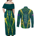 Australian Opals Basketball Couples Matching Off Shoulder Maxi Dress and Long Sleeve Button Shirt Iconic Green And Gold Silhouette With Sharp Abstract Graphics