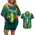 Australian Opals Basketball Couples Matching Off Shoulder Short Dress and Hawaiian Shirt Iconic Green And Gold Silhouette With Sharp Abstract Graphics