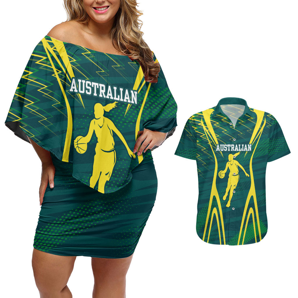 Australian Opals Basketball Couples Matching Off Shoulder Short Dress and Hawaiian Shirt Iconic Green And Gold Silhouette With Sharp Abstract Graphics