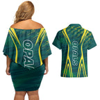Australian Opals Basketball Couples Matching Off Shoulder Short Dress and Hawaiian Shirt Iconic Green And Gold Silhouette With Sharp Abstract Graphics