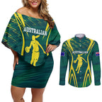 Australian Opals Basketball Couples Matching Off Shoulder Short Dress and Long Sleeve Button Shirt Iconic Green And Gold Silhouette With Sharp Abstract Graphics
