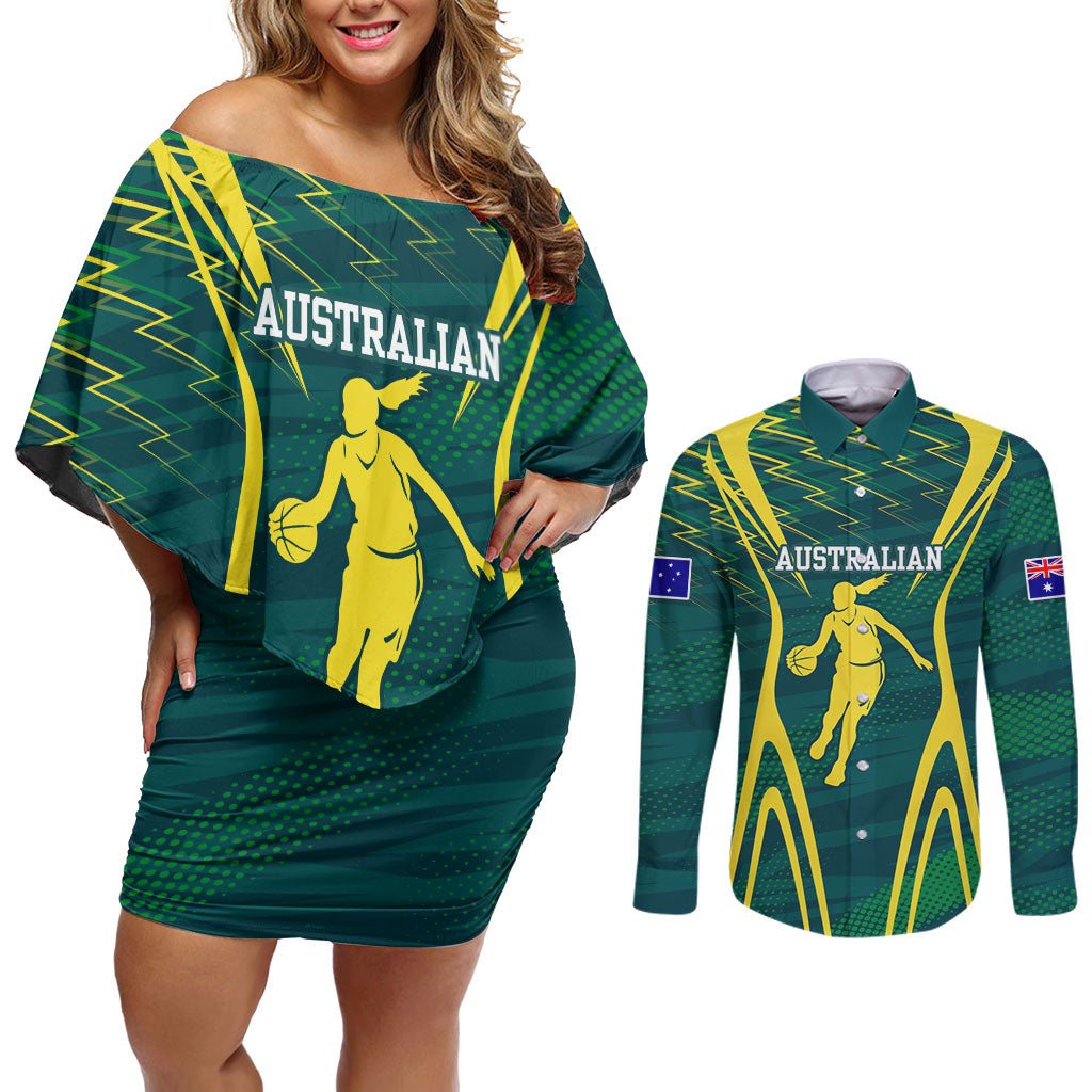Australian Opals Basketball Couples Matching Off Shoulder Short Dress and Long Sleeve Button Shirt Iconic Green And Gold Silhouette With Sharp Abstract Graphics