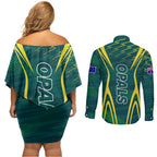 Australian Opals Basketball Couples Matching Off Shoulder Short Dress and Long Sleeve Button Shirt Iconic Green And Gold Silhouette With Sharp Abstract Graphics