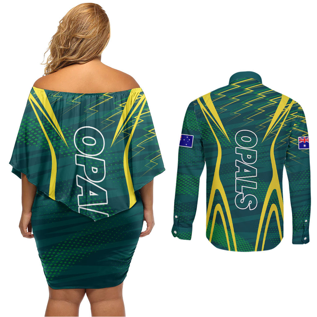 Australian Opals Basketball Couples Matching Off Shoulder Short Dress and Long Sleeve Button Shirt Iconic Green And Gold Silhouette With Sharp Abstract Graphics