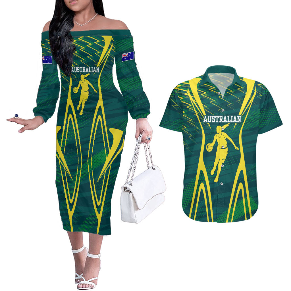 Australian Opals Basketball Couples Matching Off The Shoulder Long Sleeve Dress and Hawaiian Shirt Iconic Green And Gold Silhouette With Sharp Abstract Graphics