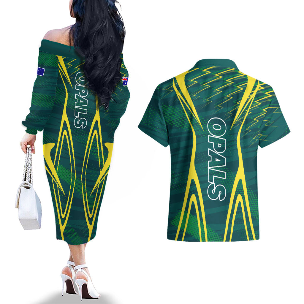 Australian Opals Basketball Couples Matching Off The Shoulder Long Sleeve Dress and Hawaiian Shirt Iconic Green And Gold Silhouette With Sharp Abstract Graphics