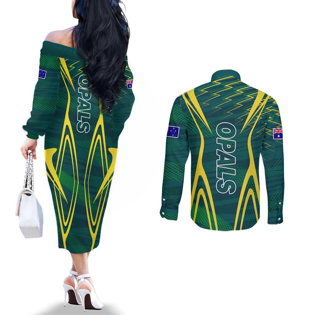 Australian Opals Basketball Couples Matching Off The Shoulder Long Sleeve Dress and Long Sleeve Button Shirt Iconic Green And Gold Silhouette With Sharp Abstract Graphics