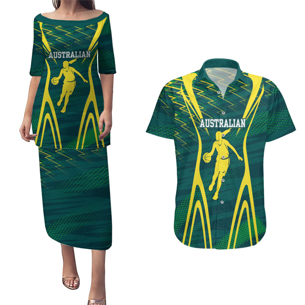 Australian Opals Basketball Couples Matching Puletasi and Hawaiian Shirt Iconic Green And Gold Silhouette With Sharp Abstract Graphics