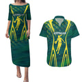 Australian Opals Basketball Couples Matching Puletasi and Hawaiian Shirt Iconic Green And Gold Silhouette With Sharp Abstract Graphics