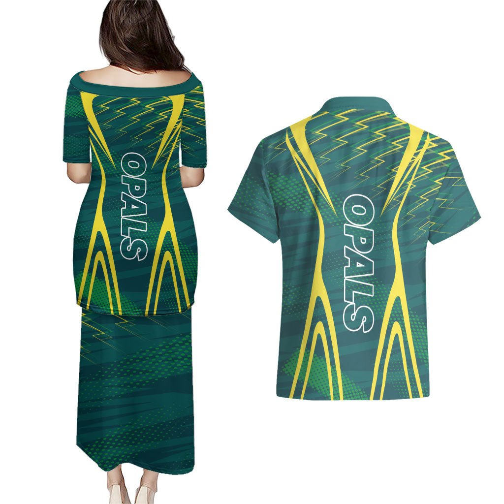 Australian Opals Basketball Couples Matching Puletasi and Hawaiian Shirt Iconic Green And Gold Silhouette With Sharp Abstract Graphics