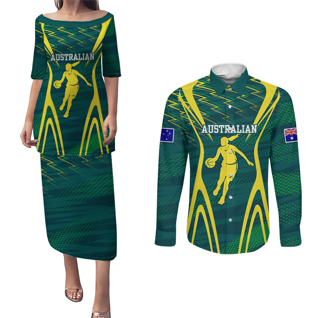 Australian Opals Basketball Couples Matching Puletasi and Long Sleeve Button Shirt Iconic Green And Gold Silhouette With Sharp Abstract Graphics