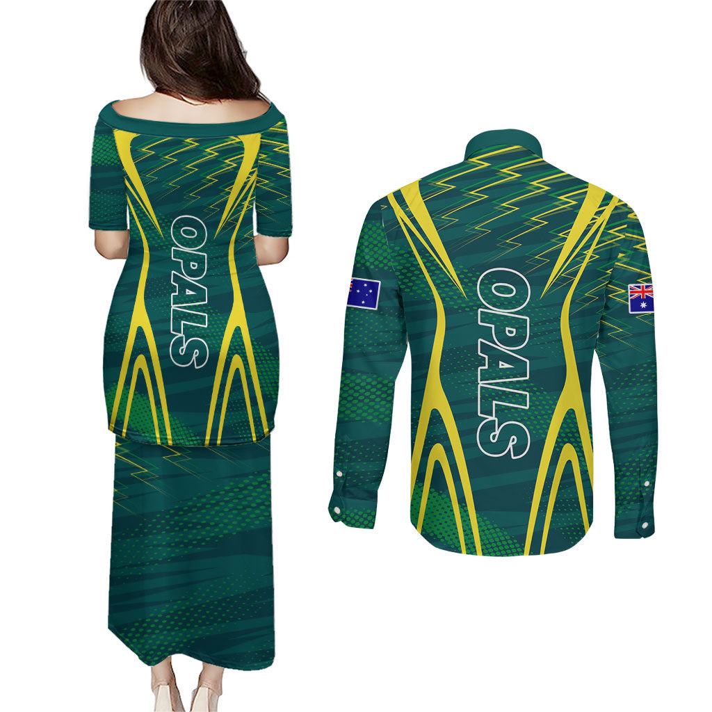 Australian Opals Basketball Couples Matching Puletasi and Long Sleeve Button Shirt Iconic Green And Gold Silhouette With Sharp Abstract Graphics