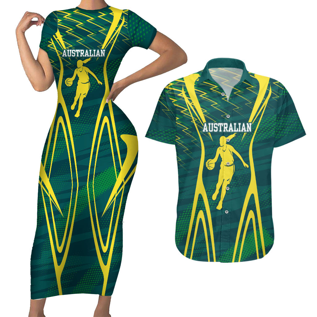 Australian Opals Basketball Couples Matching Short Sleeve Bodycon Dress and Hawaiian Shirt Iconic Green And Gold Silhouette With Sharp Abstract Graphics