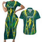 Australian Opals Basketball Couples Matching Short Sleeve Bodycon Dress and Hawaiian Shirt Iconic Green And Gold Silhouette With Sharp Abstract Graphics