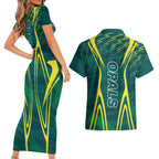 Australian Opals Basketball Couples Matching Short Sleeve Bodycon Dress and Hawaiian Shirt Iconic Green And Gold Silhouette With Sharp Abstract Graphics
