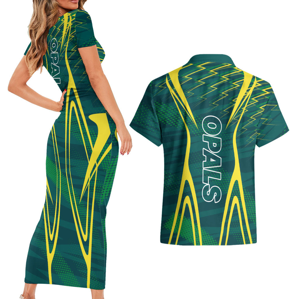 Australian Opals Basketball Couples Matching Short Sleeve Bodycon Dress and Hawaiian Shirt Iconic Green And Gold Silhouette With Sharp Abstract Graphics