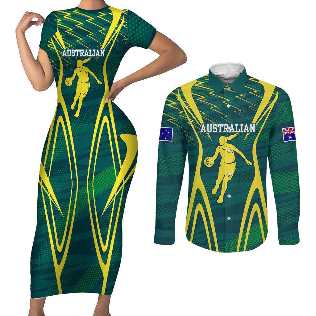 Australian Opals Basketball Couples Matching Short Sleeve Bodycon Dress and Long Sleeve Button Shirt Iconic Green And Gold Silhouette With Sharp Abstract Graphics