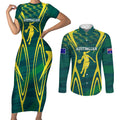 Australian Opals Basketball Couples Matching Short Sleeve Bodycon Dress and Long Sleeve Button Shirt Iconic Green And Gold Silhouette With Sharp Abstract Graphics