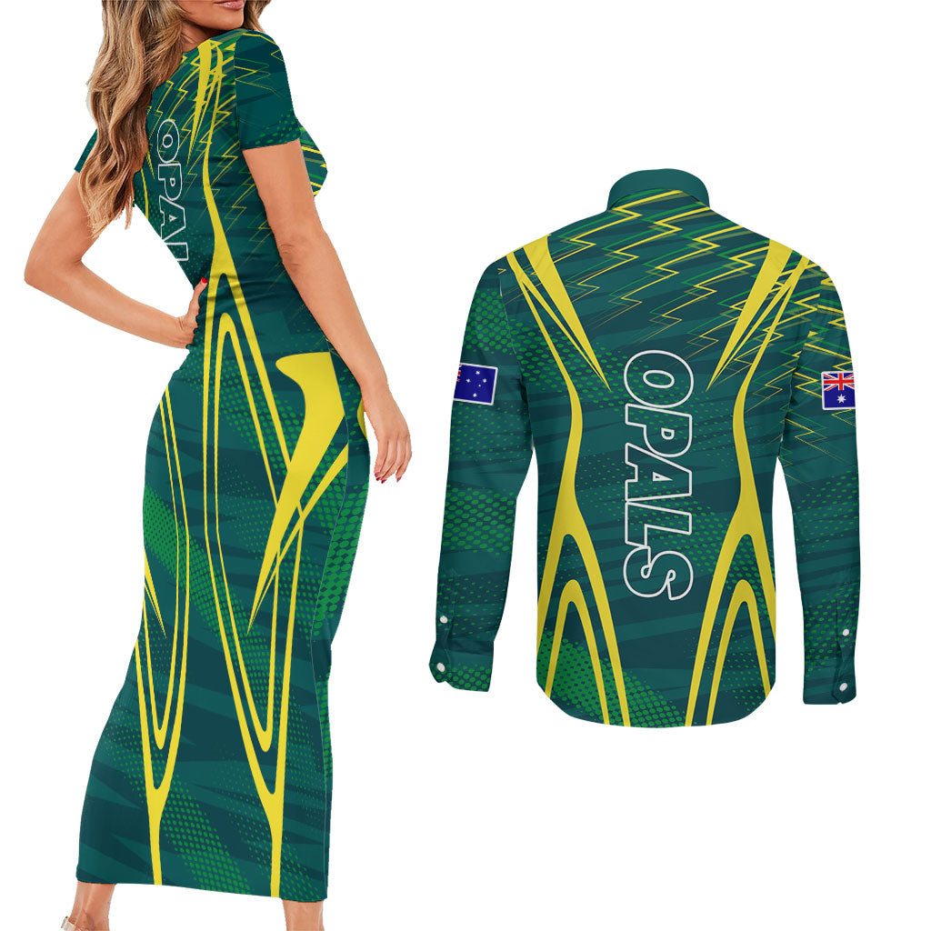 Australian Opals Basketball Couples Matching Short Sleeve Bodycon Dress and Long Sleeve Button Shirt Iconic Green And Gold Silhouette With Sharp Abstract Graphics