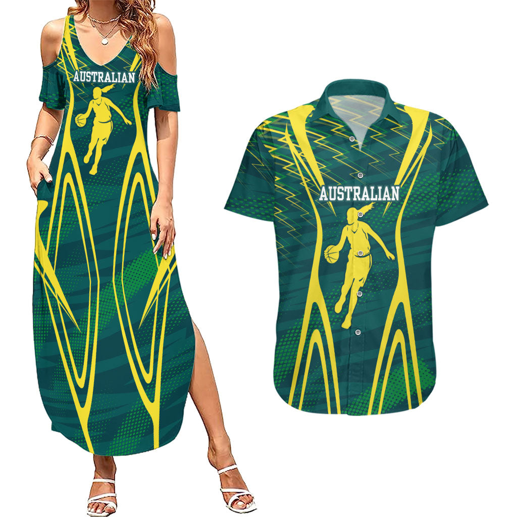 Australian Opals Basketball Couples Matching Summer Maxi Dress and Hawaiian Shirt Iconic Green And Gold Silhouette With Sharp Abstract Graphics