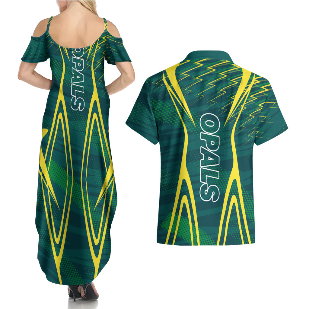 Australian Opals Basketball Couples Matching Summer Maxi Dress and Hawaiian Shirt Iconic Green And Gold Silhouette With Sharp Abstract Graphics