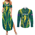 Australian Opals Basketball Couples Matching Summer Maxi Dress and Long Sleeve Button Shirt Iconic Green And Gold Silhouette With Sharp Abstract Graphics