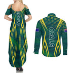 Australian Opals Basketball Couples Matching Summer Maxi Dress and Long Sleeve Button Shirt Iconic Green And Gold Silhouette With Sharp Abstract Graphics