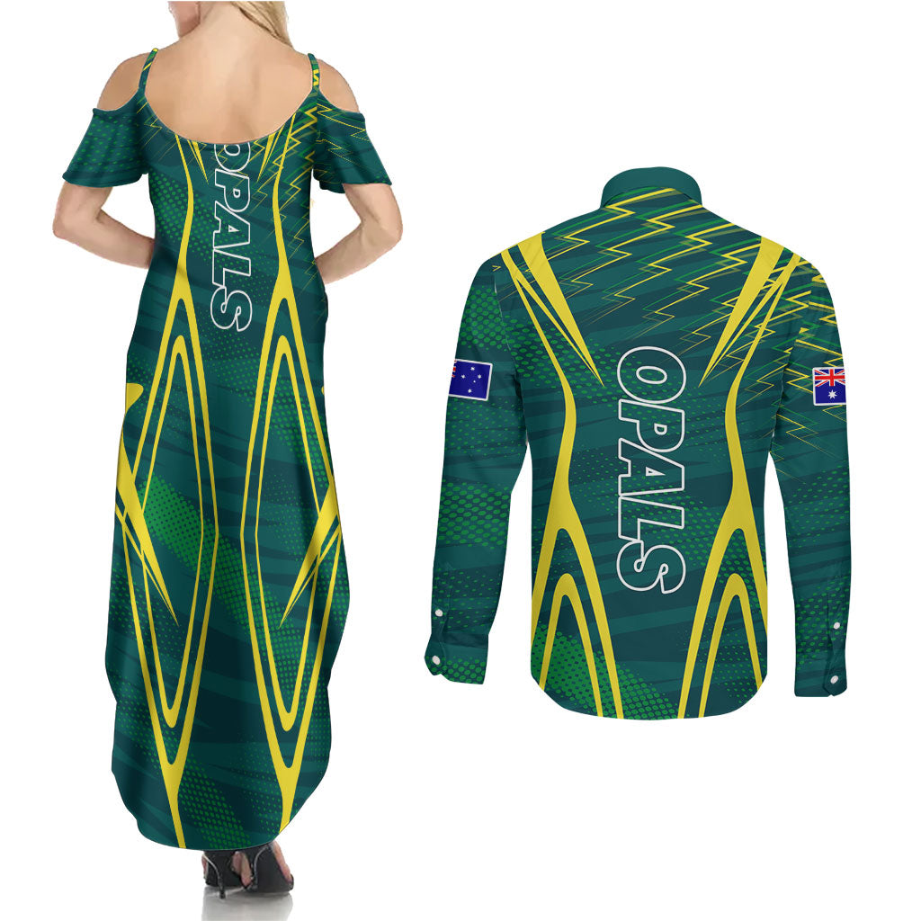 Australian Opals Basketball Couples Matching Summer Maxi Dress and Long Sleeve Button Shirt Iconic Green And Gold Silhouette With Sharp Abstract Graphics