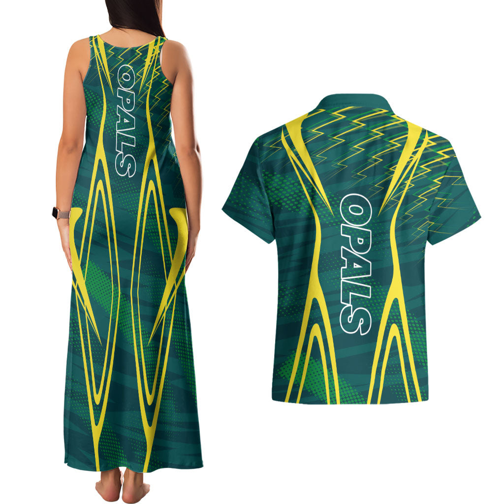 Australian Opals Basketball Couples Matching Tank Maxi Dress and Hawaiian Shirt Iconic Green And Gold Silhouette With Sharp Abstract Graphics