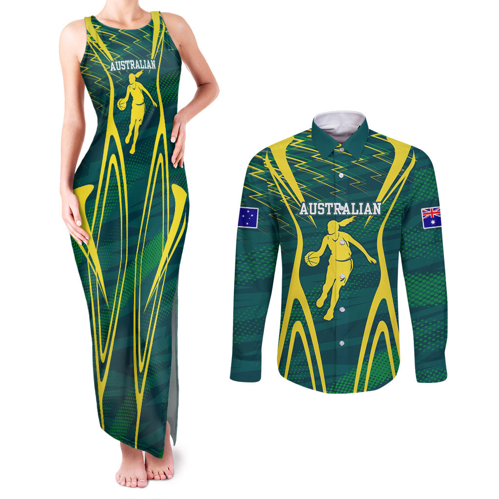 Australian Opals Basketball Couples Matching Tank Maxi Dress and Long Sleeve Button Shirt Iconic Green And Gold Silhouette With Sharp Abstract Graphics