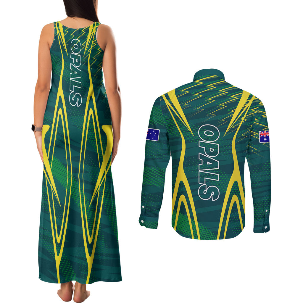 Australian Opals Basketball Couples Matching Tank Maxi Dress and Long Sleeve Button Shirt Iconic Green And Gold Silhouette With Sharp Abstract Graphics