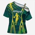 Australian Opals Basketball Cross Shoulder Shirt Iconic Green And Gold Silhouette With Sharp Abstract Graphics