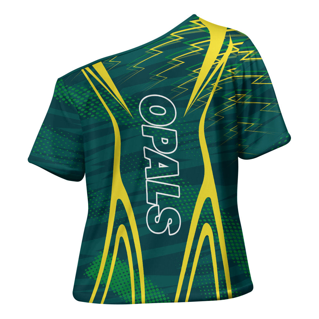 Australian Opals Basketball Cross Shoulder Shirt Iconic Green And Gold Silhouette With Sharp Abstract Graphics