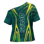 Australian Opals Basketball Cross Shoulder Shirt Iconic Green And Gold Silhouette With Sharp Abstract Graphics