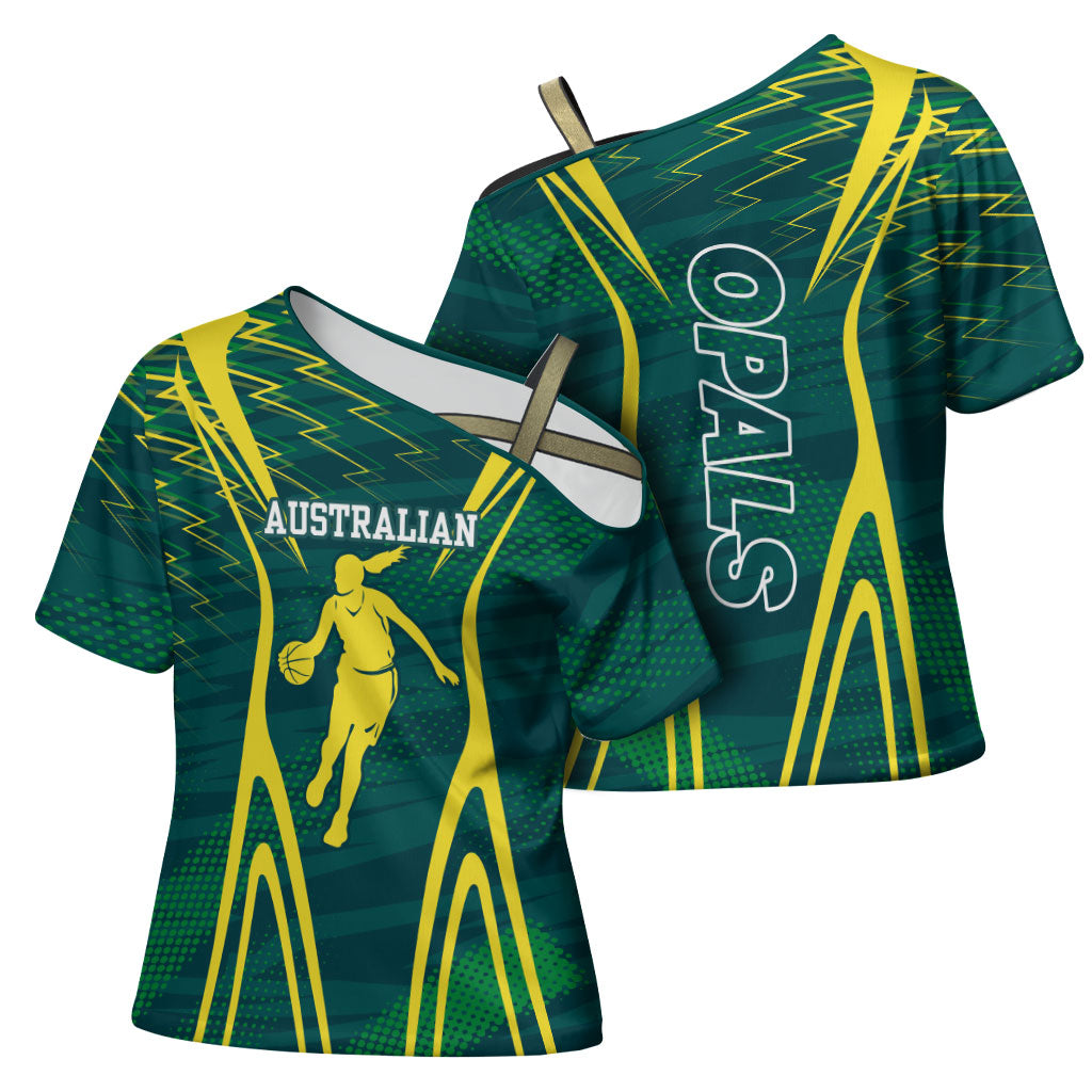 Australian Opals Basketball Cross Shoulder Shirt Iconic Green And Gold Silhouette With Sharp Abstract Graphics
