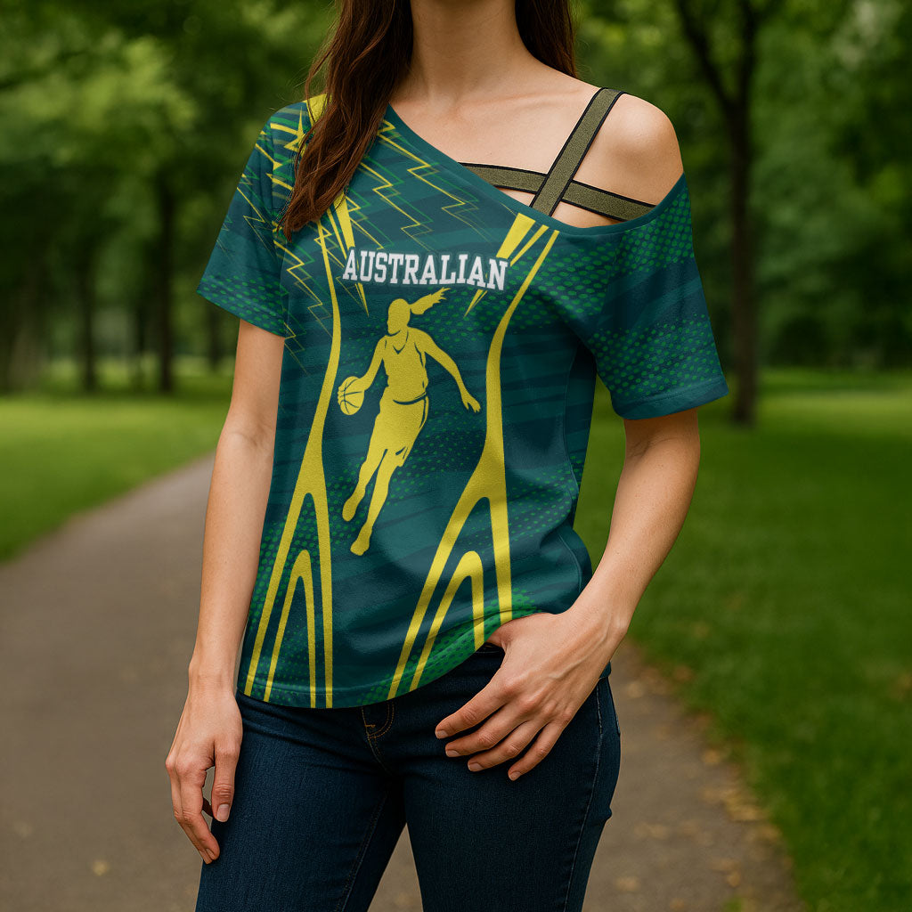 Australian Opals Basketball Cross Shoulder Shirt Iconic Green And Gold Silhouette With Sharp Abstract Graphics