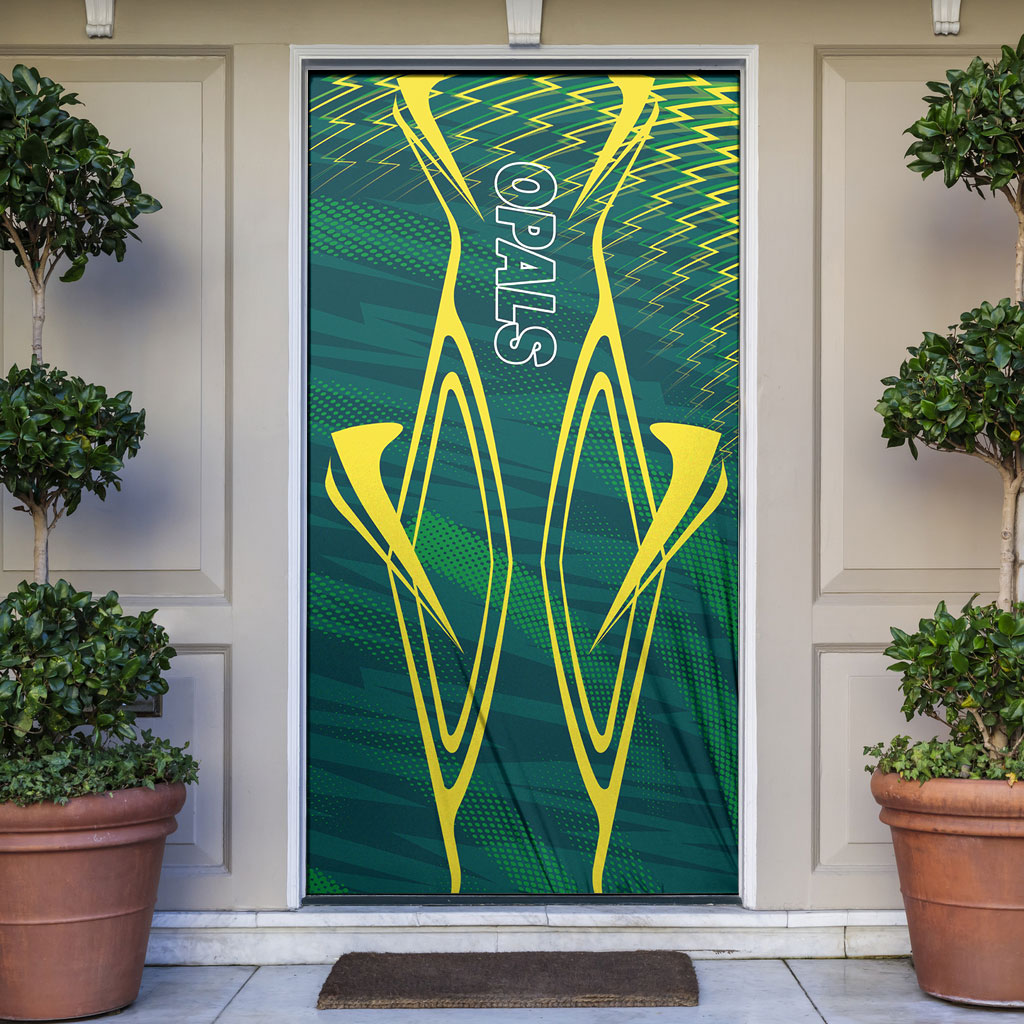Australian Opals Basketball Door Cover Iconic Green And Gold Silhouette With Sharp Abstract Graphics