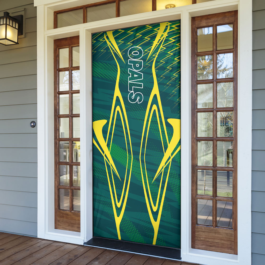 Australian Opals Basketball Door Cover Iconic Green And Gold Silhouette With Sharp Abstract Graphics