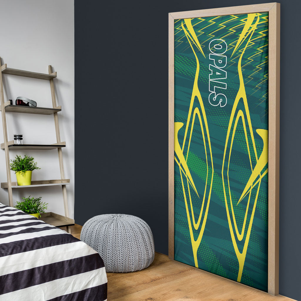 Australian Opals Basketball Door Cover Iconic Green And Gold Silhouette With Sharp Abstract Graphics