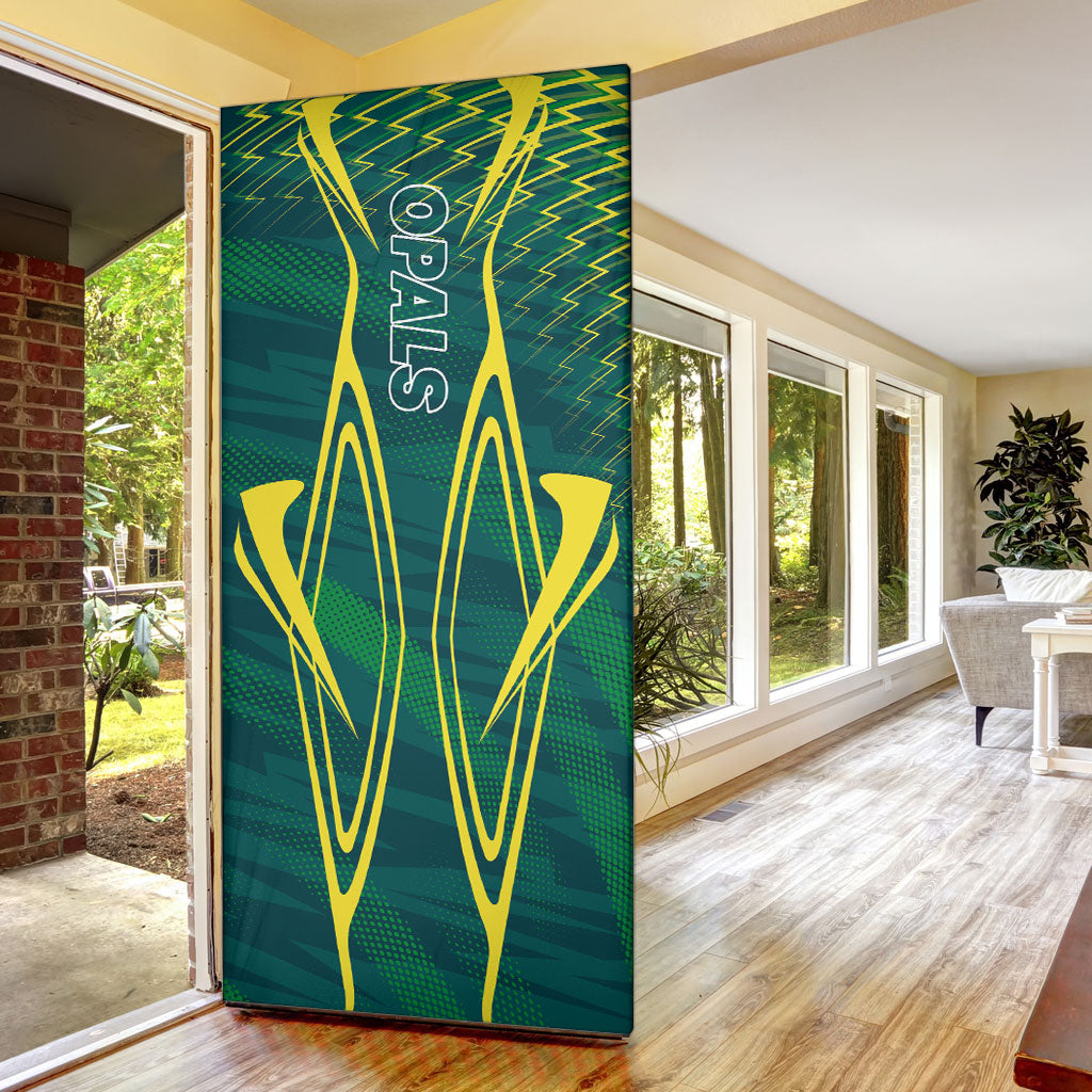 Australian Opals Basketball Door Cover Iconic Green And Gold Silhouette With Sharp Abstract Graphics