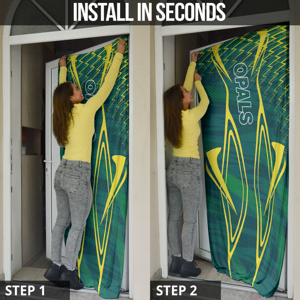 Australian Opals Basketball Door Cover Iconic Green And Gold Silhouette With Sharp Abstract Graphics