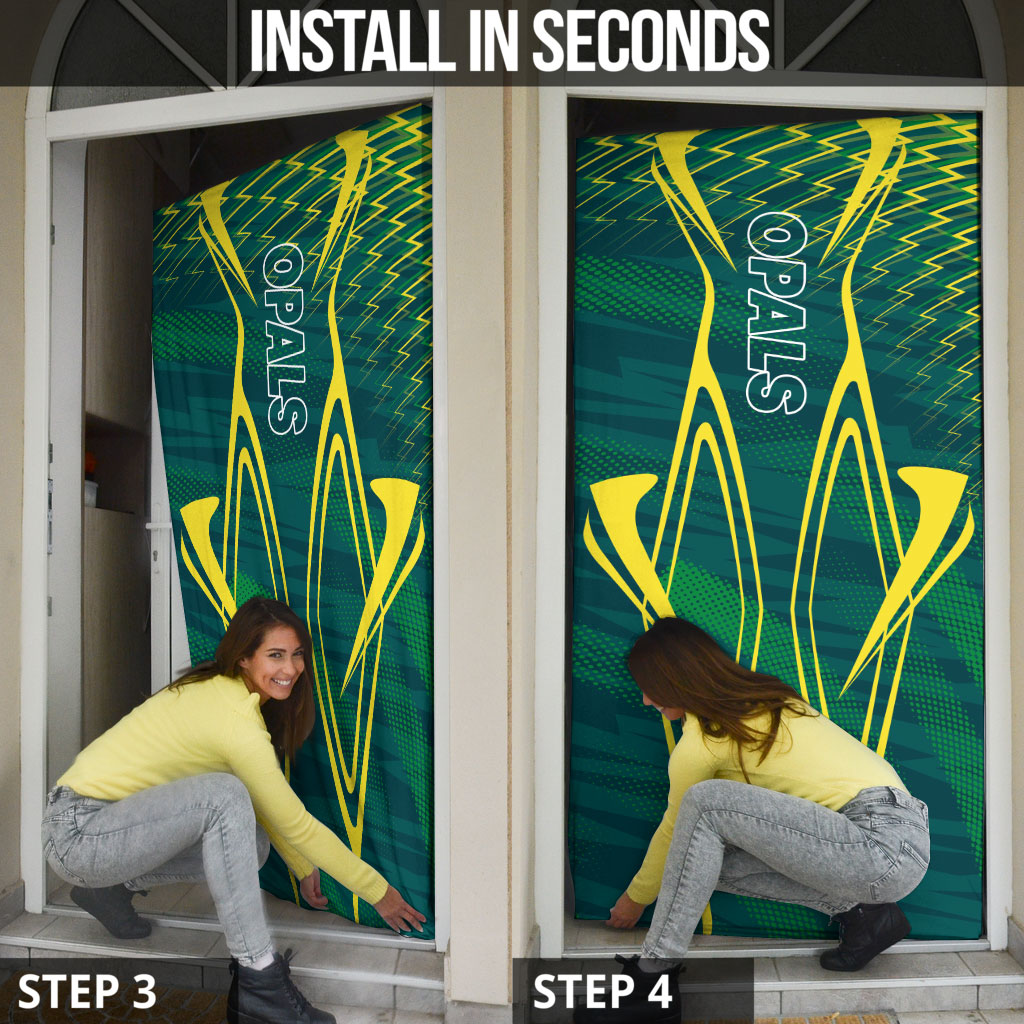 Australian Opals Basketball Door Cover Iconic Green And Gold Silhouette With Sharp Abstract Graphics