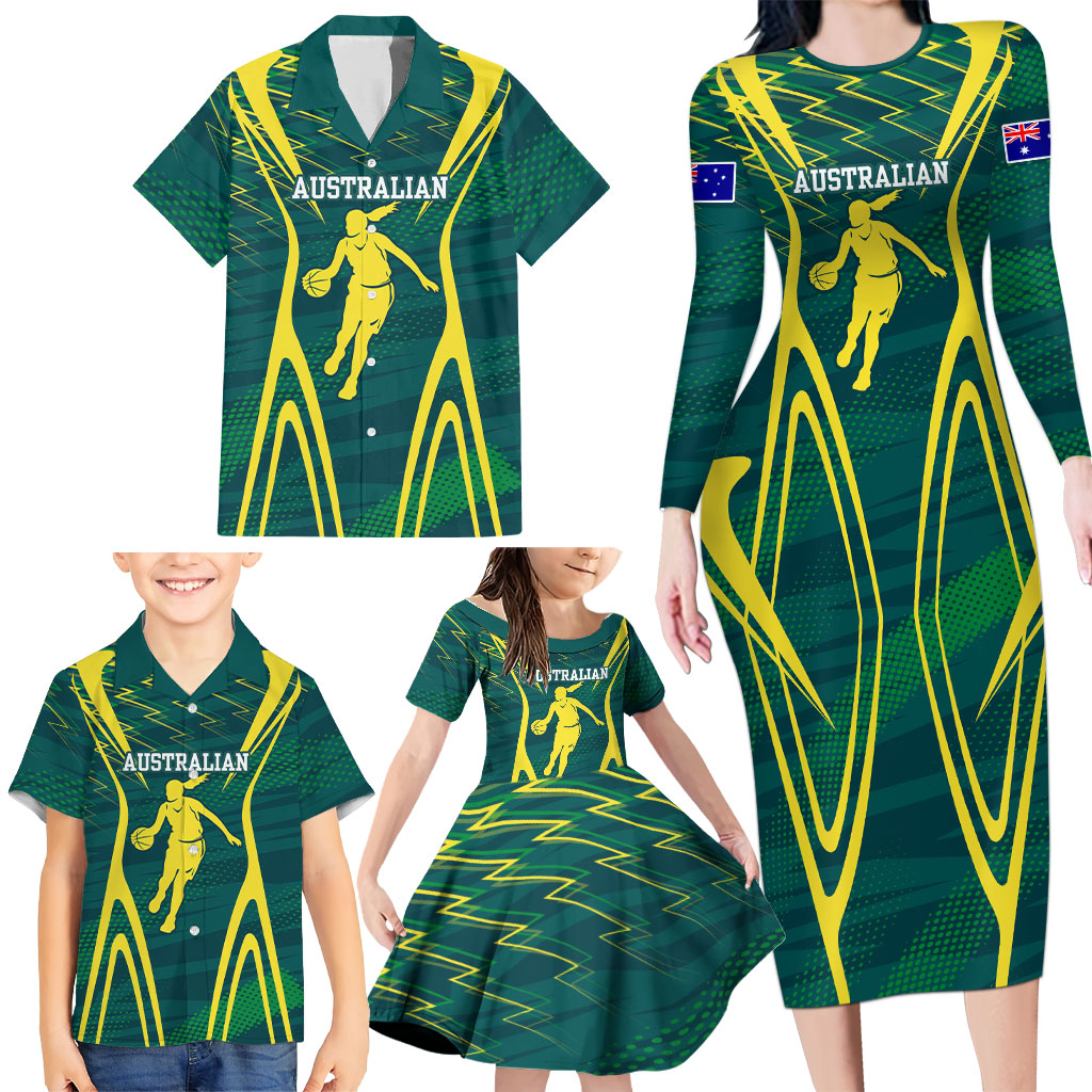 Australian Opals Basketball Family Matching Long Sleeve Bodycon Dress and Hawaiian Shirt Iconic Green And Gold Silhouette With Sharp Abstract Graphics