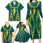 Australian Opals Basketball Family Matching Long Sleeve Bodycon Dress and Hawaiian Shirt Iconic Green And Gold Silhouette With Sharp Abstract Graphics