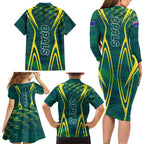 Australian Opals Basketball Family Matching Long Sleeve Bodycon Dress and Hawaiian Shirt Iconic Green And Gold Silhouette With Sharp Abstract Graphics