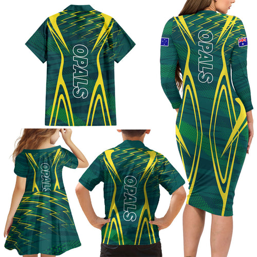Australian Opals Basketball Family Matching Long Sleeve Bodycon Dress and Hawaiian Shirt Iconic Green And Gold Silhouette With Sharp Abstract Graphics