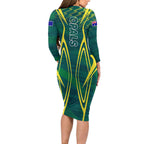 Australian Opals Basketball Family Matching Long Sleeve Bodycon Dress and Hawaiian Shirt Iconic Green And Gold Silhouette With Sharp Abstract Graphics