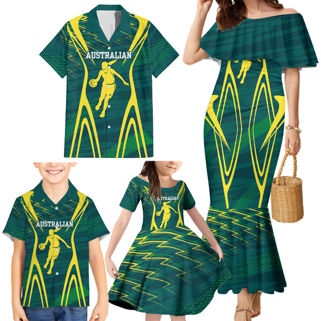 Australian Opals Basketball Family Matching Mermaid Dress and Hawaiian Shirt Iconic Green And Gold Silhouette With Sharp Abstract Graphics