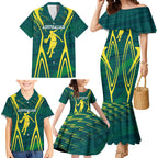 Australian Opals Basketball Family Matching Mermaid Dress and Hawaiian Shirt Iconic Green And Gold Silhouette With Sharp Abstract Graphics
